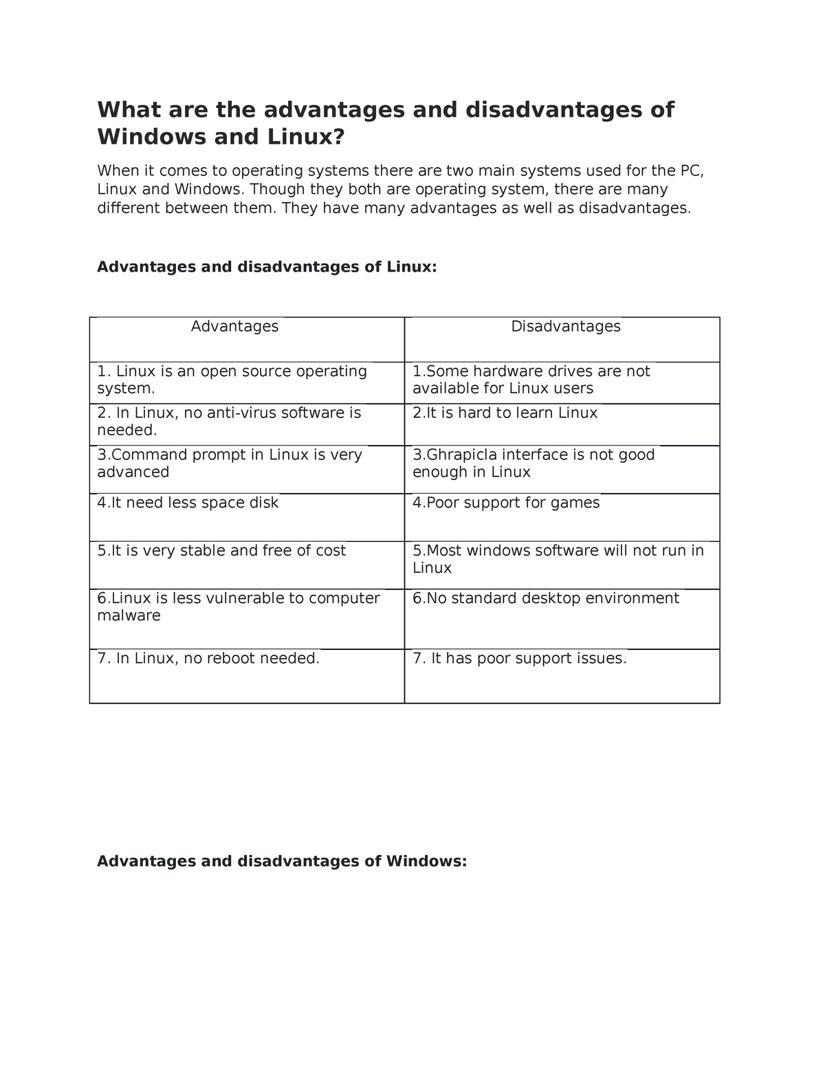 What are the advantages and disadvantages of Windows and Linux?